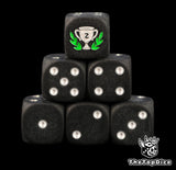 Second place trophy dice, matte black 16mm D6 with silver pips and a silver runner up cup in a green laurel, a tournament prize for board games and game nights
