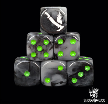 Black and grey 16mm D6 dice with a white blade and flame emblem and green pips for sci-fi wargaming