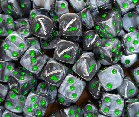 Pile of black and grey shadow reaver 16mm D6 dice for a sci-fi raider army
