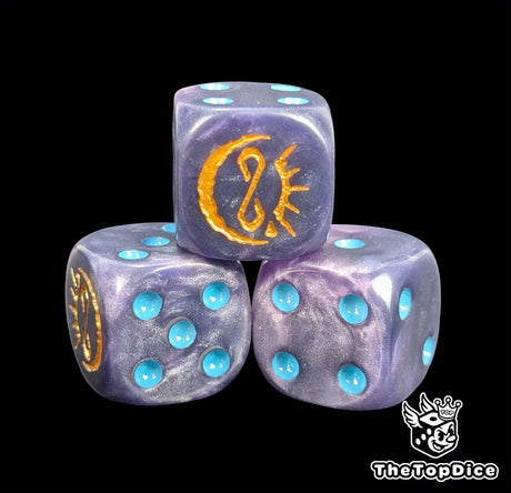 Close-up of a purple D6 die with a gold crescent moon
