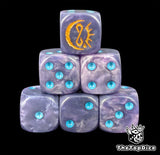 Purple resin D6 dice with a gold crescent moon emblem and blue pips