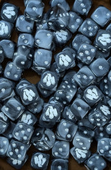 Pile of black and grey raven 16mm D6 dice for a sci-fi stealth army