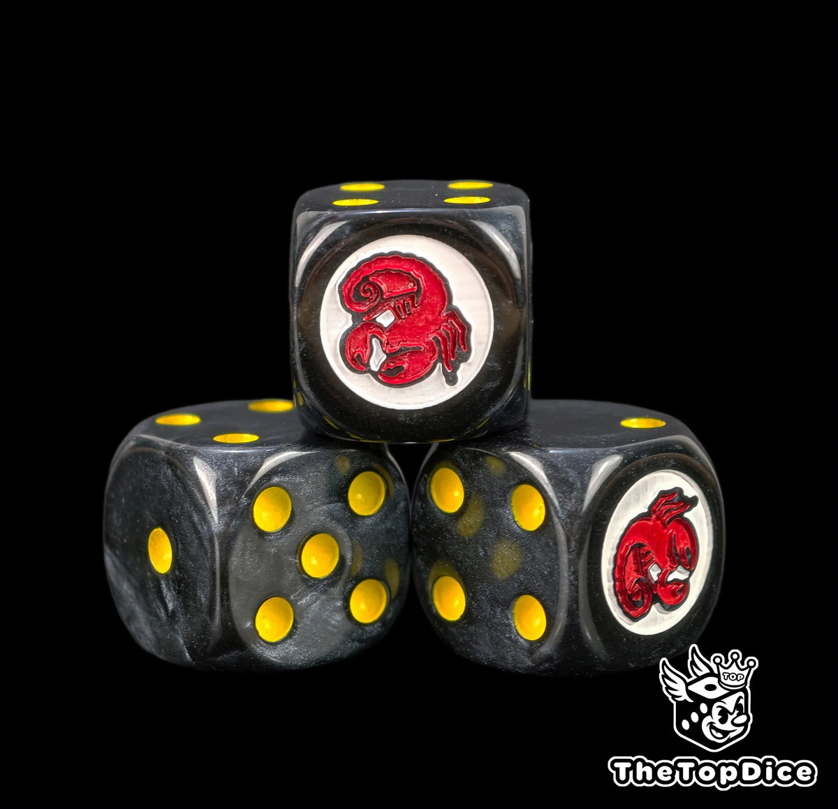Three black 16mm Red Scorpions D6, the red scorpion badge facing front beside yellow pips