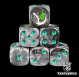 Black and grey 16mm D6 dice with a white scythe and green flame emblem and blue pips for sci-fi wargaming