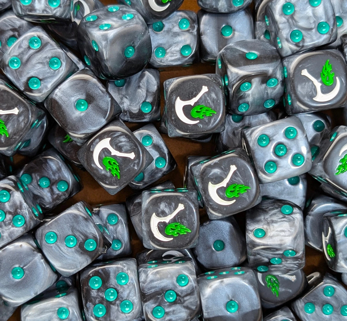 Pile of black and grey shadow reaver 16mm D6 dice for a sci-fi raider army