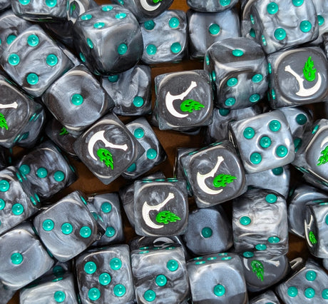 Pile of black and grey shadow reaver 16mm D6 dice for a sci-fi raider army