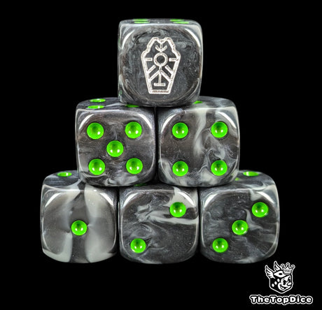 Black and grey 16mm D6 dice with a black tomb rune emblem and green pips for sci-fi wargaming