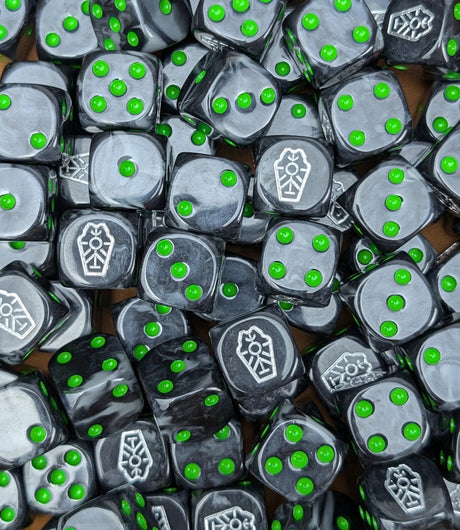 Pile of black and grey tomb robot 16mm D6 dice for a sci-fi undying army