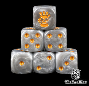 Six silver space marine D6, gold pips and a gold fist and skull
