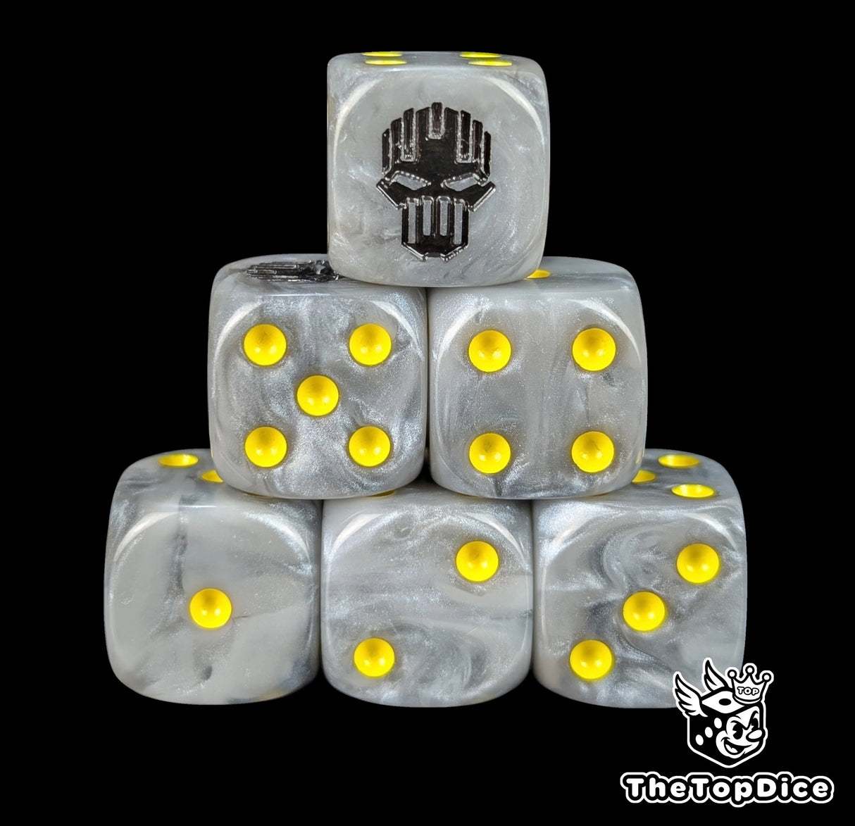 Silver 16mm D6 dice with a black hazard skull emblem and yellow pips for sci-fi wargaming