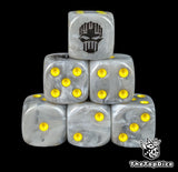 Silver 16mm D6 dice with a black hazard skull emblem and yellow pips for sci-fi wargaming