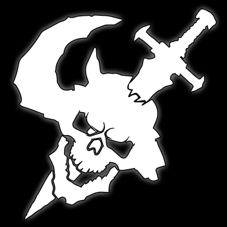 Horned daemon skull pierced by a sword, white on black, tile for silver knight 16mm sci-fi dice