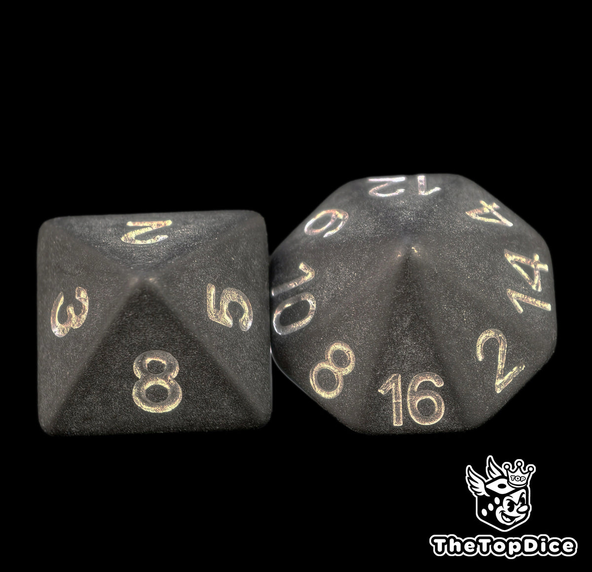 Matte black 16mm D8 and D16 with silver numbers from the Silver Second Place Trophy dice set