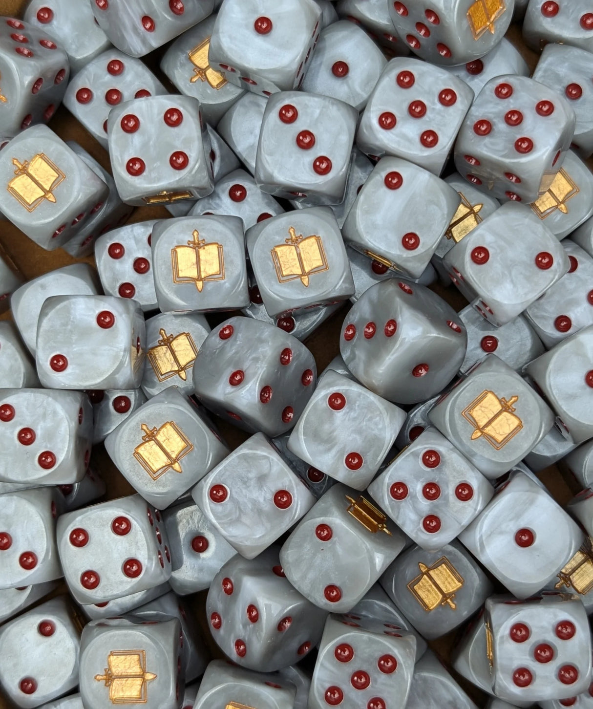 Pile of grey demon hunter 16mm D6 dice for a sci-fi knight army