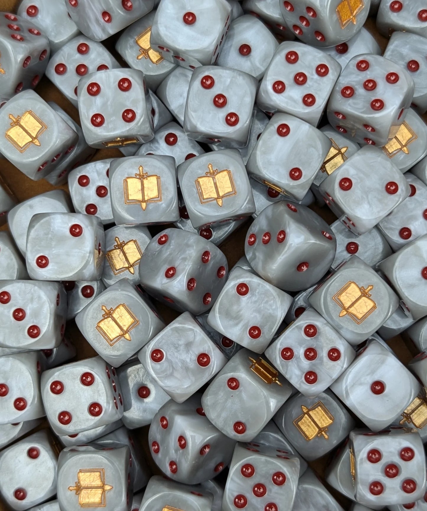 Pile of grey demon hunter 16mm D6 dice for a sci-fi knight army