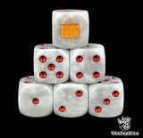 Grey 16mm D6 dice with a gold sword and book emblem and red pips for sci-fi wargaming