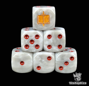 Grey 16mm D6 dice with a gold sword and book emblem and red pips for sci-fi wargaming