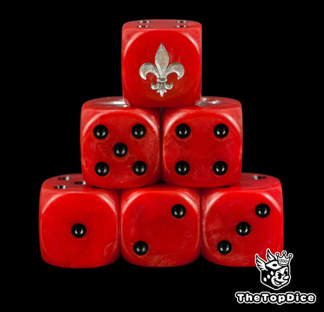 Sisters of Battle Adepta Sororitas dice, red 16mm resin D6 with black pips and a silver fleur de lis, stacked in a pyramid