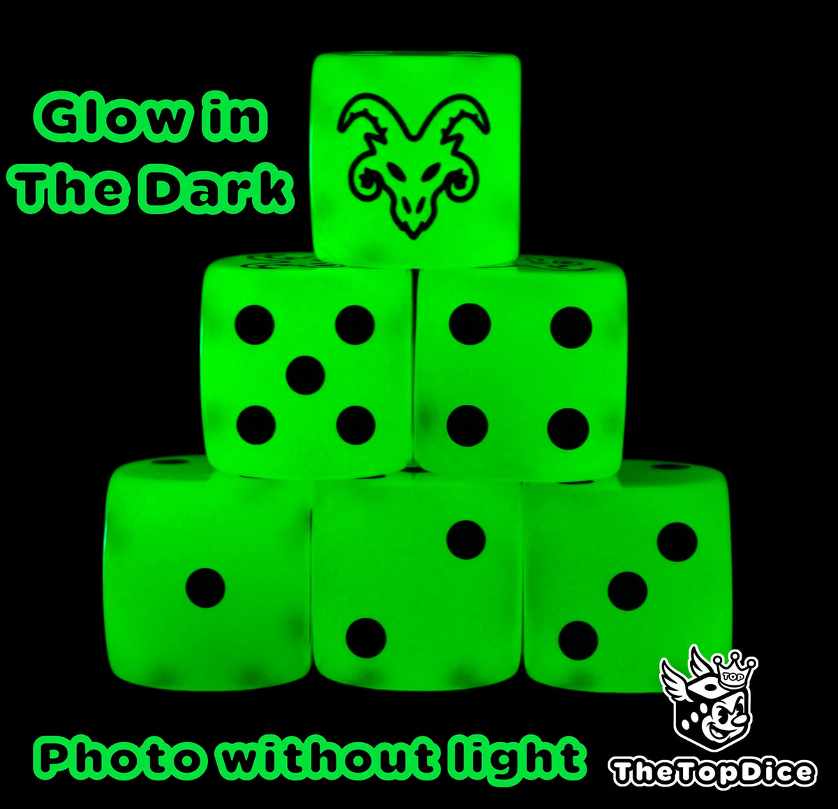 The same green Skaven ratmen dice glowing in the dark, black rat face and pips visible
