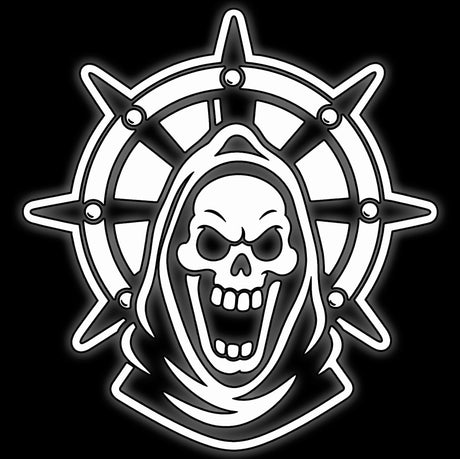 Screaming hooded skull inside an eight-pointed star, white on black, tile for skirmish warband 16mm dice