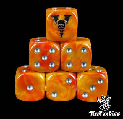 Orange resin D6 dice with a black skull crest and silver pips for sci-fi armies