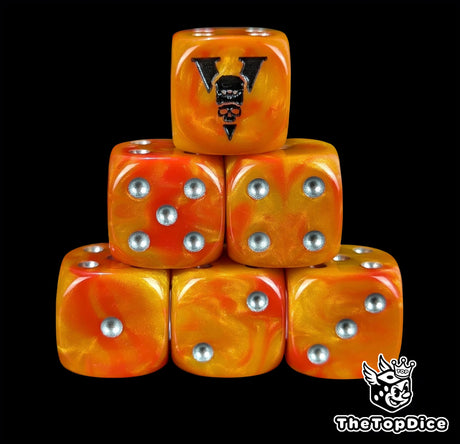 Orange resin D6 dice with a black skull crest and silver pips for sci-fi armies