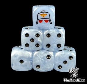 Sky blue 16mm D6 dice with a black gas mask helm and gold eagle emblem and black pips for sci-fi wargaming