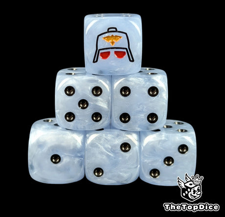 Sky blue 16mm D6 dice with a black gas mask helm and gold eagle emblem and black pips for sci-fi wargaming