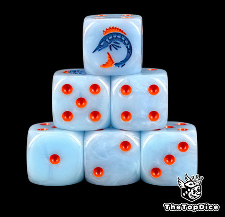 Six sky blue Idoneth Deepkin D6 stacked, red pips and a blue eel