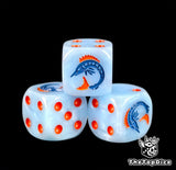 Three sky blue Idoneth sea elf dice with an orange finned blue eel