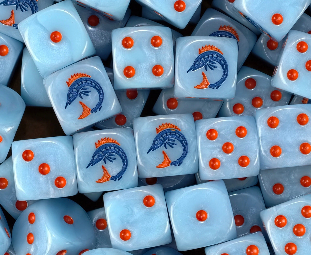 A pile of sky blue Idoneth Deepkin eel D6 with coral red pips
