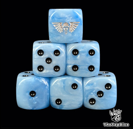 Sky blue 16mm D6 dice with a silver winged helm emblem and black pips for sci-fi wargaming