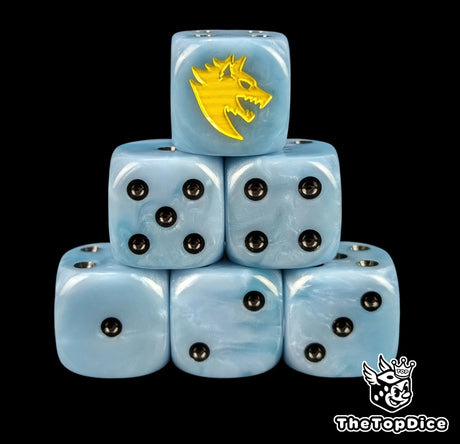 Sky blue resin D6 dice with a yellow wolf emblem and black pips