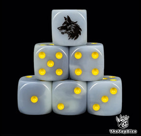 Sky blue 16mm D6 dice with a black wolf emblem and yellow pips for sci-fi wargaming