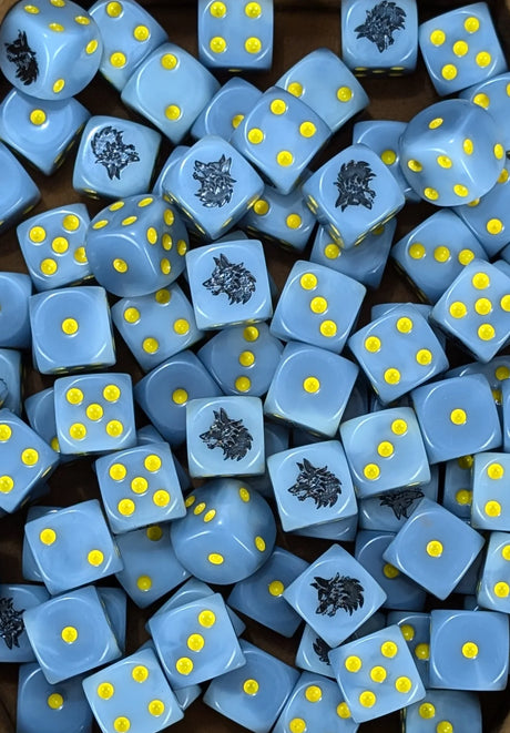 Pile of sky blue wolf 16mm D6 dice for a sci-fi wolf army
