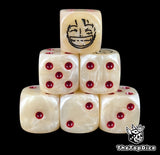 Beige 16mm D6 counter dice with a black smiling captain emblem and red pips for anime pirate TCG