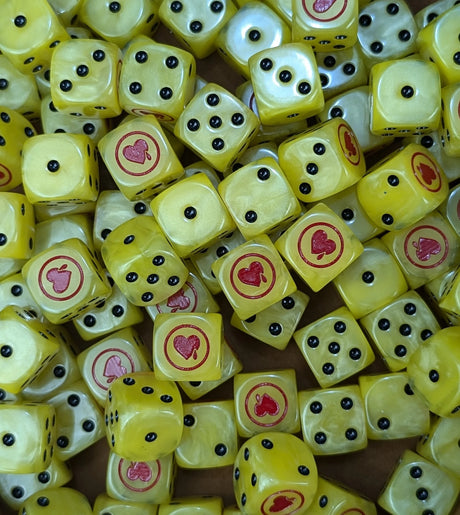 Full tray of yellow Sorrow Heart Legion D6 dice for tabletop wargaming and RPGs