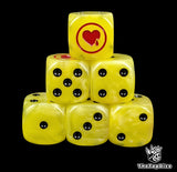 Yellow 16mm resin D6 dice with red heart emblem and black pips, hand painted for sci-fi cursed marine armies and tabletop wargaming