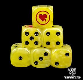 Yellow 16mm resin D6 dice with red heart emblem and black pips, hand painted for sci-fi cursed marine armies and tabletop wargaming