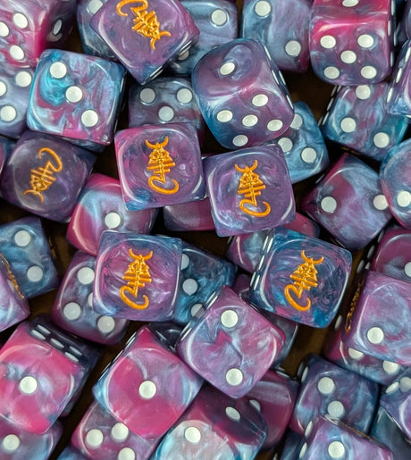 Pile of purple and blue 16mm D6 dice with gold soul runes for a sci-fi spirit army
