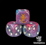 Close up of a purple and blue 16mm resin D6 die engraved with a gold soul rune and white pips