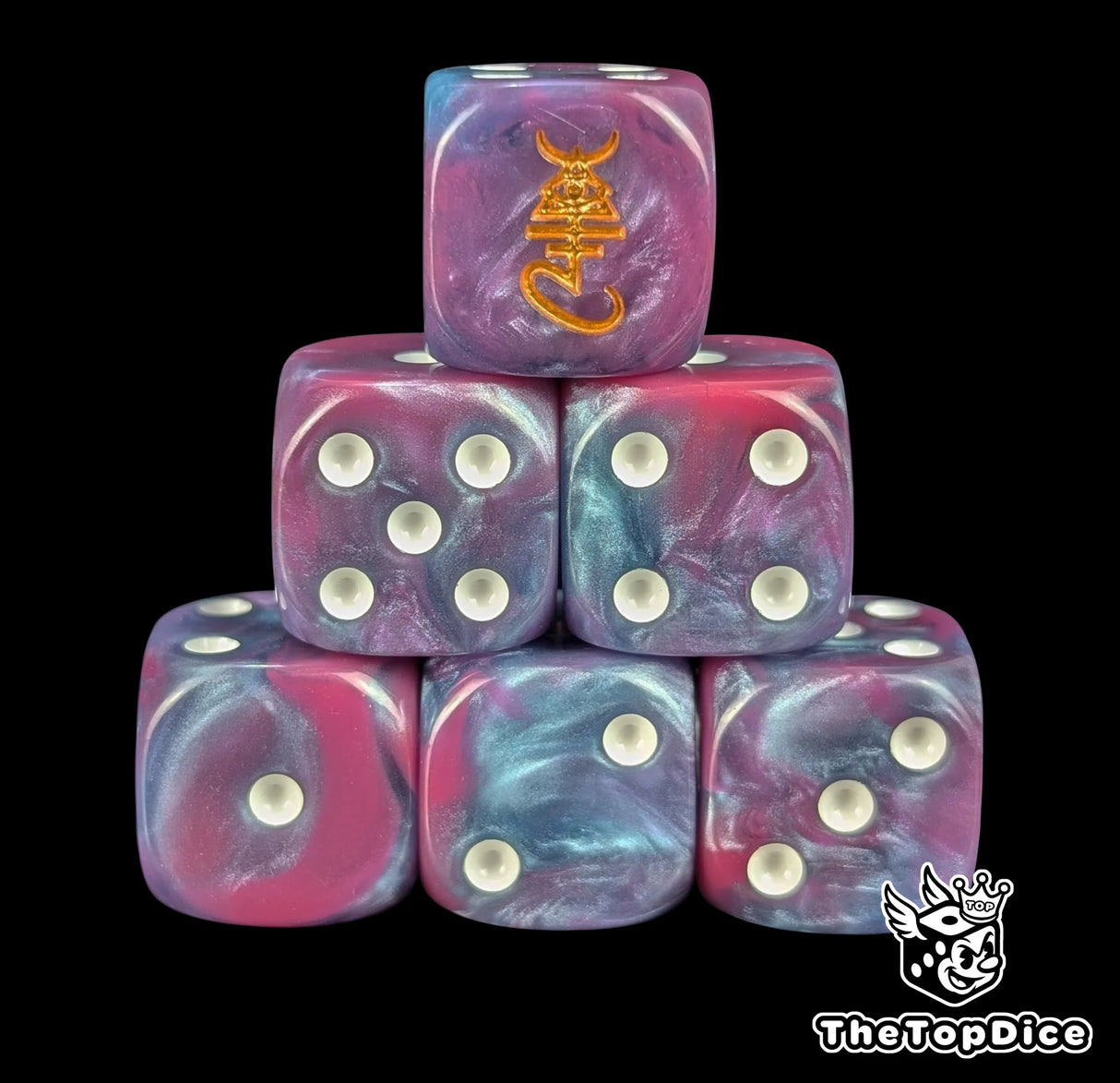 Purple and blue 16mm D6 dice with a gold soul rune emblem and white pips for sci-fi wargaming