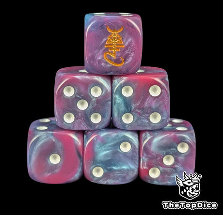 Purple and blue 16mm D6 dice with a gold soul rune emblem and white pips for sci-fi wargaming