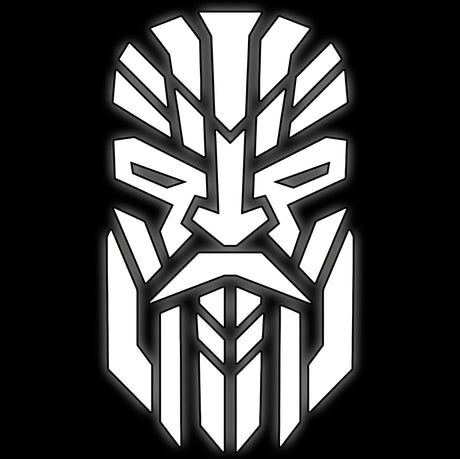 Braided dwarf face plate in angular white line art on black, space dwarf clan 16mm dice tile