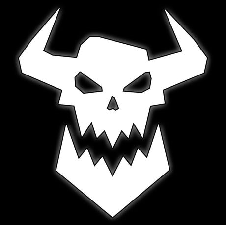 Horned orc skull with a jagged grin, white on black, tile for space orc raider 16mm dice