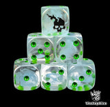 Translucent blue 16mm D6 dice with a ghostly skull emblem and green pips for fantasy wargaming