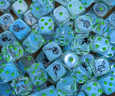 Pile of translucent blue ghost 16mm D6 dice for a fantasy spectral army