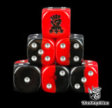 Six half red half black Red Corsairs D6, silver pips and a chaos icon