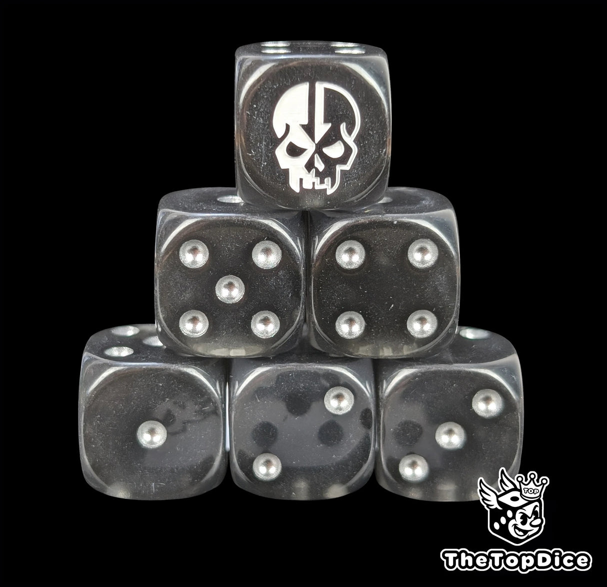 Black resin D6 dice with a split skull emblem and silver pips