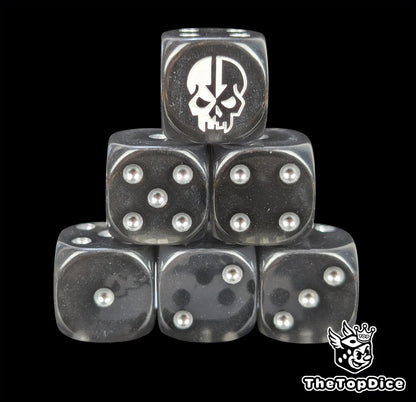 Black resin D6 dice with a split skull emblem and silver pips